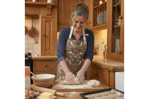 Mum baking cake wearing wipe clean apron