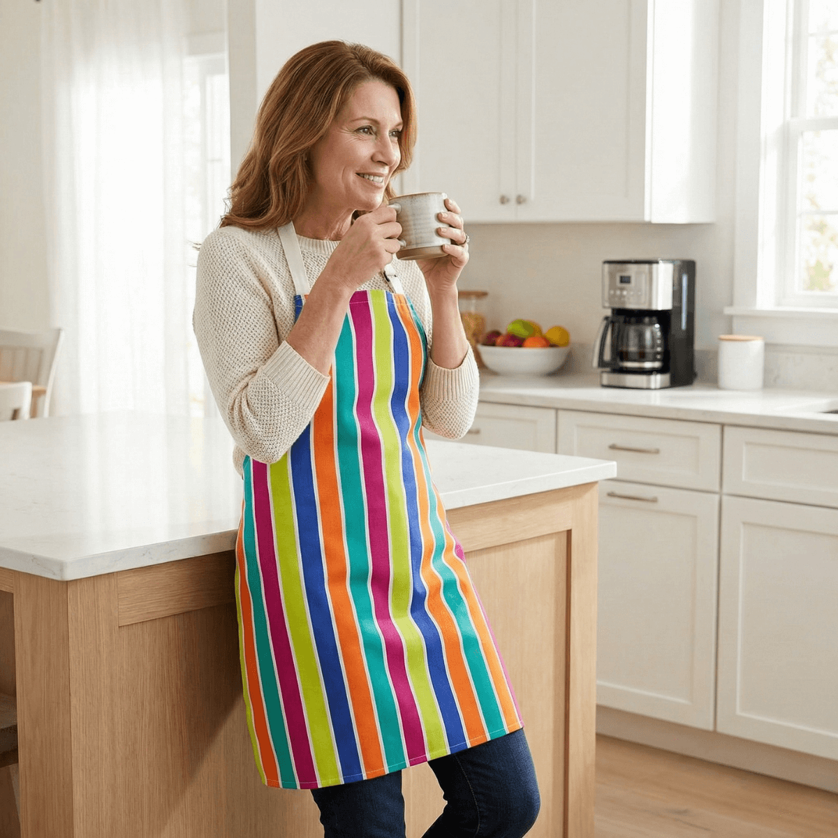 Vibrant multi stripe water repellent wipe clean apron