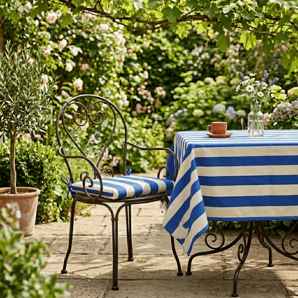 Blue & White Stripe Water Repellent Fabric Outdoor Seat Pad