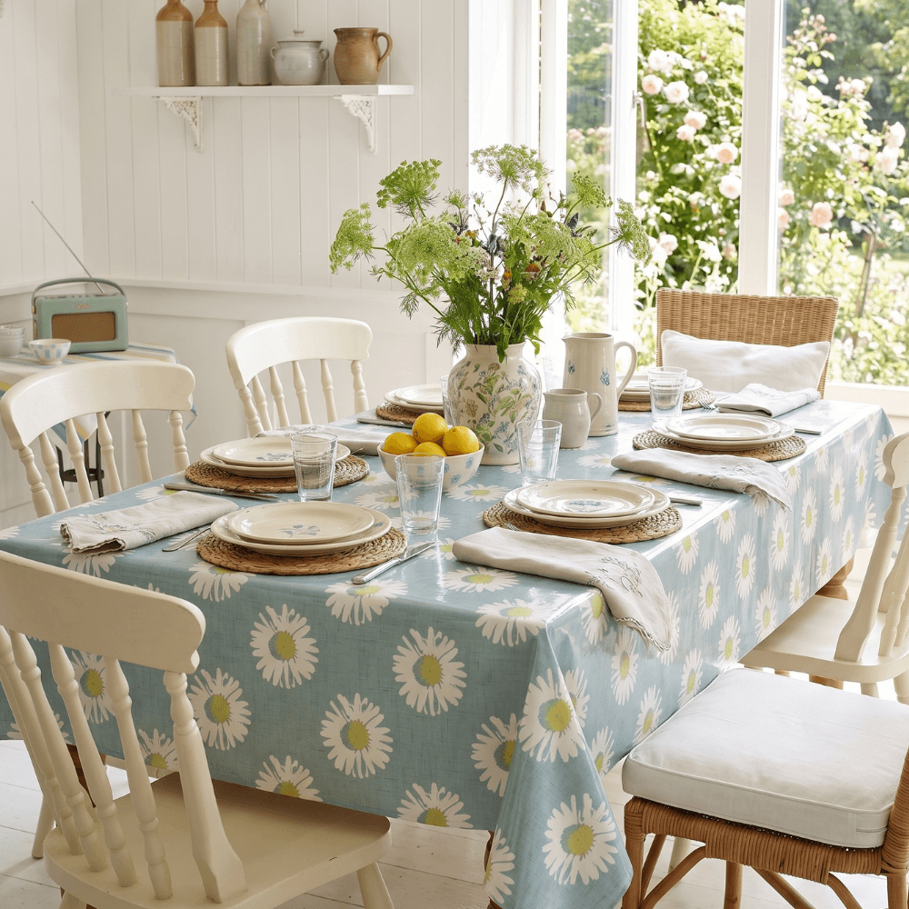 Duck Egg and White Daisy Capri Mineral Floral Oilcloth Wipe Clean Tablecloth