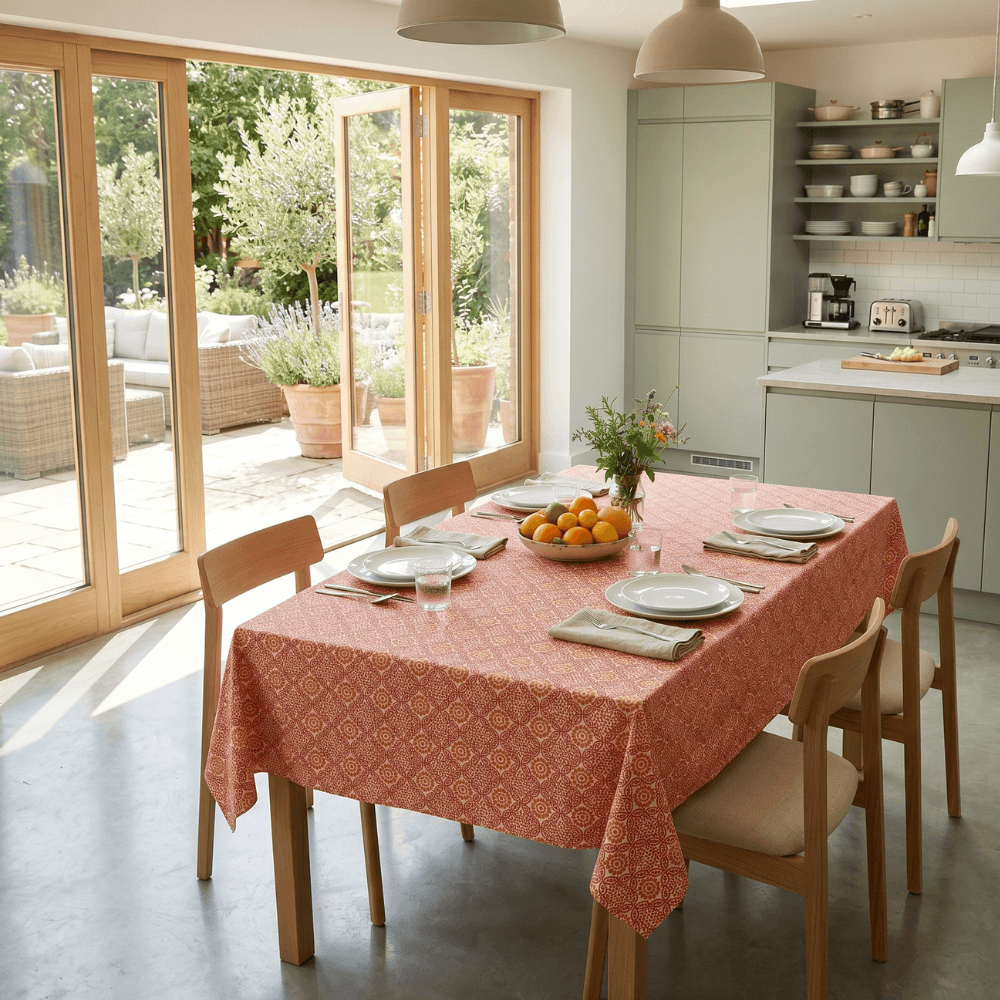 Burnt Orange and red Mykonos matte Finish Oilcloth in a Modern kitchen