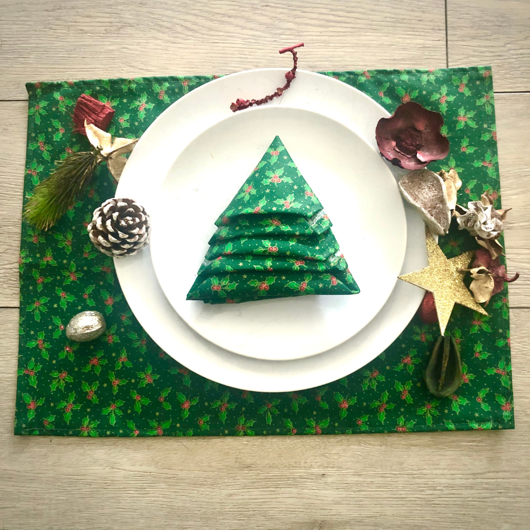 Green Red Christmas Holly Fabric Placemat 