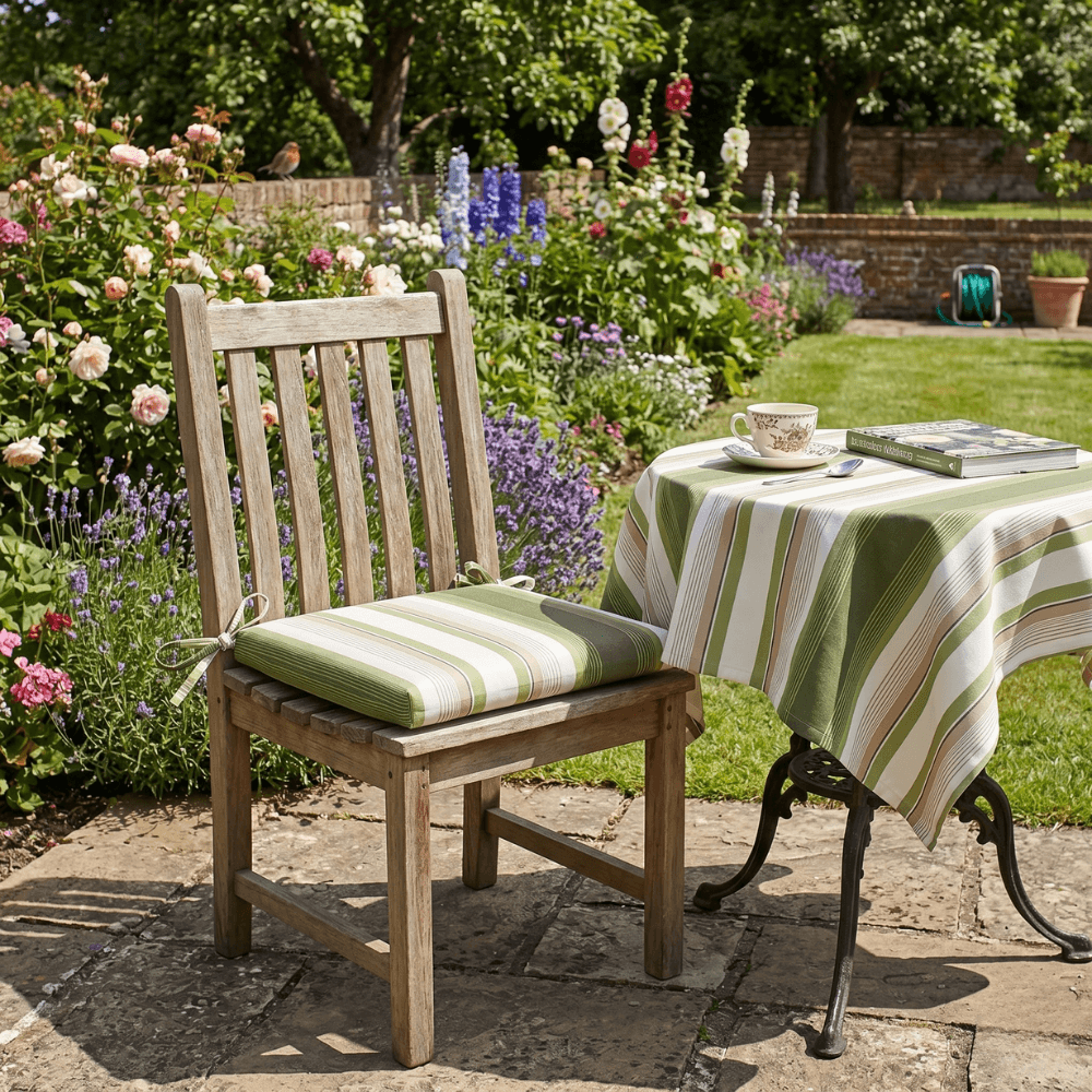 Woolacombe Olive Green and White Water Repellent Fabric Outdoor Seat Pad