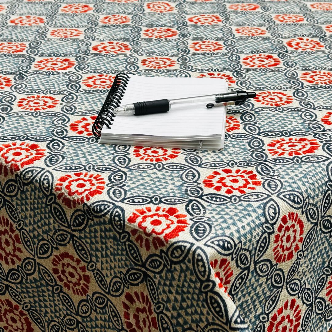Multi Burnt Orange and Blue Mykonos Wipe Clean Oilcloth WITH BIAS-BINDING HEMMED EDGING Matte Finish Tablecloth