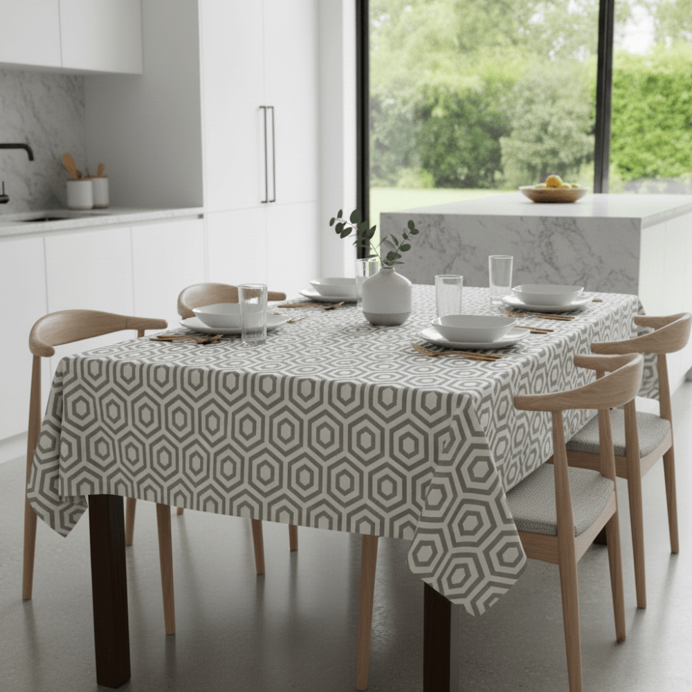 White and Grey Hex Oilcloth on a table