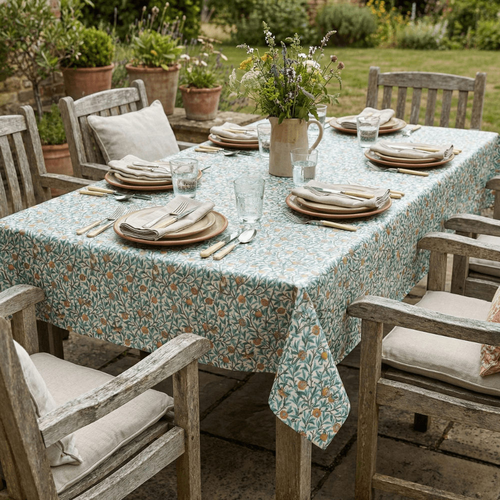 William Morris Birds & Pomegranate Kingfisher Outdoor/Indoor Water Repellent Tablecloth 144cm Wide