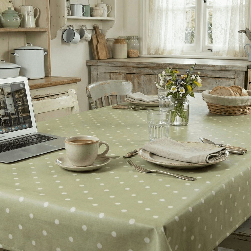 Dotty Sage Green Polka Dot Oilcloth Wipe Clean Tablecloth