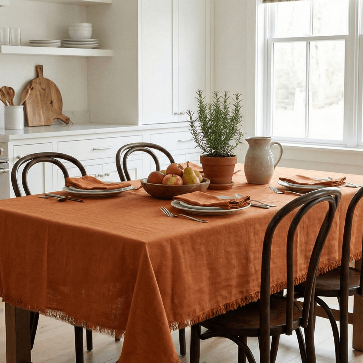 Burnt Orange 100% Linen Tablecloth in a Shabby Chic Kitchen
