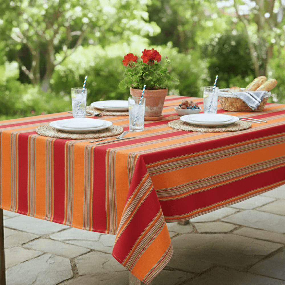 Orange and Red Stripe Outdoor/Indoor Water Repellent Tablecloth 144cm Wide