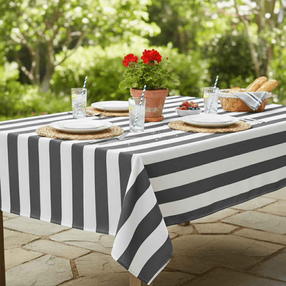 Grey and White Stripe Outdoor/Indoor Water Repellent Tablecloth 144cm Wide