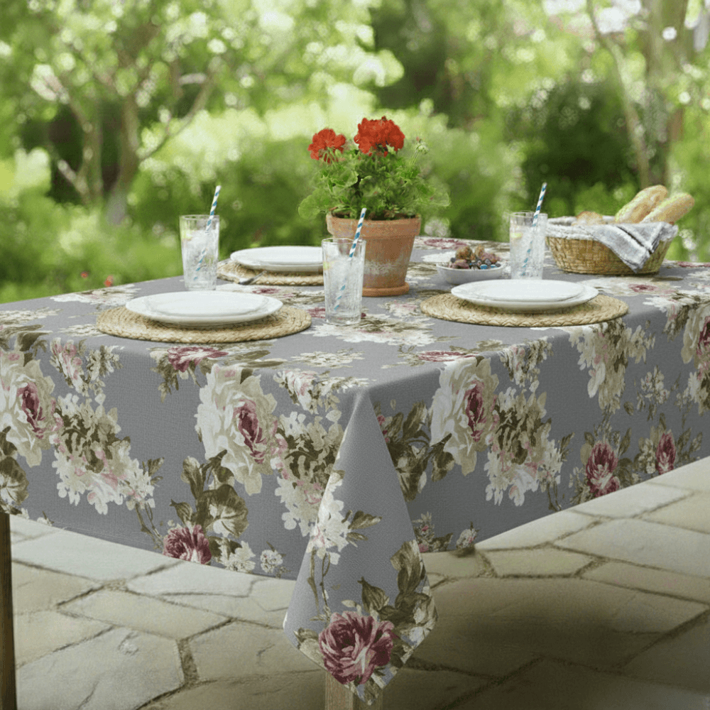 English Rose Dove Grey Outdoor/Indoor Water Repellent Tablecloth 144cm Wide