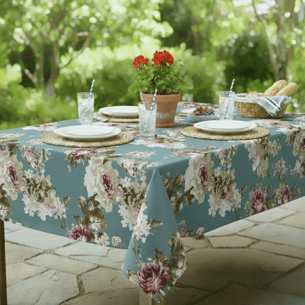 English Rose Duck Egg Outdoor/Indoor Water Repellent Tablecloth 144cm Wide