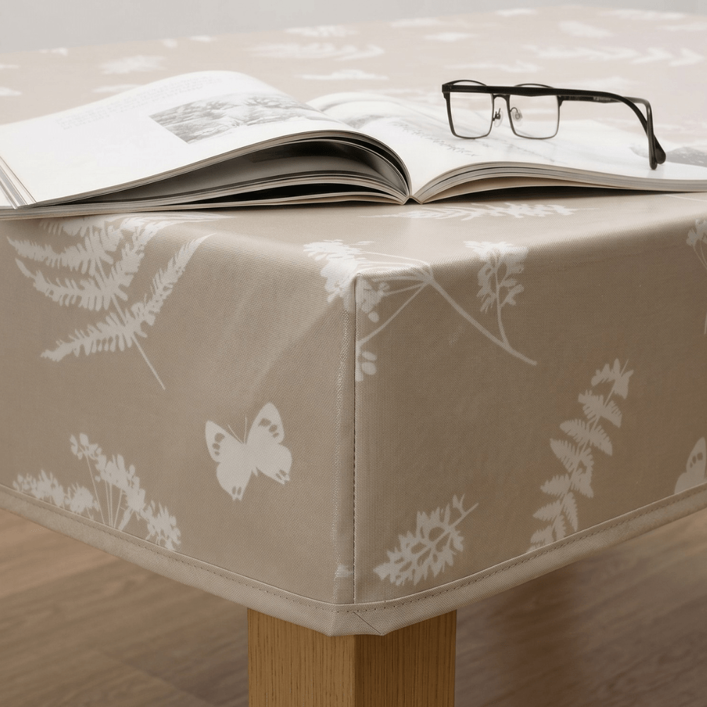 Taupe Moorland Oilcloth Tablecloth with Boxed Corners