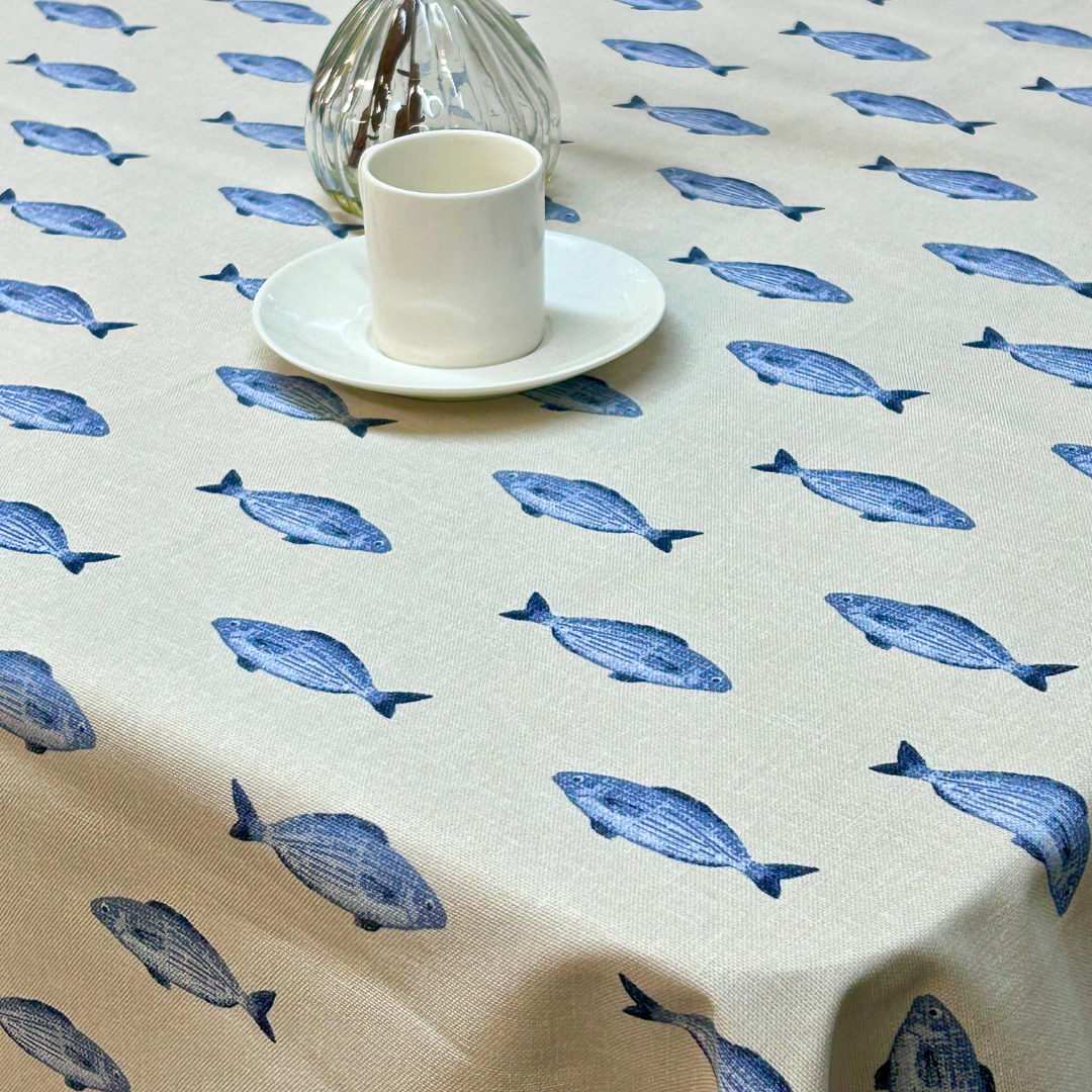 Nautical Taupe & Marine Blue Seaside Fishes Matte Finish Oilcloth Wipe Clean Tablecloth