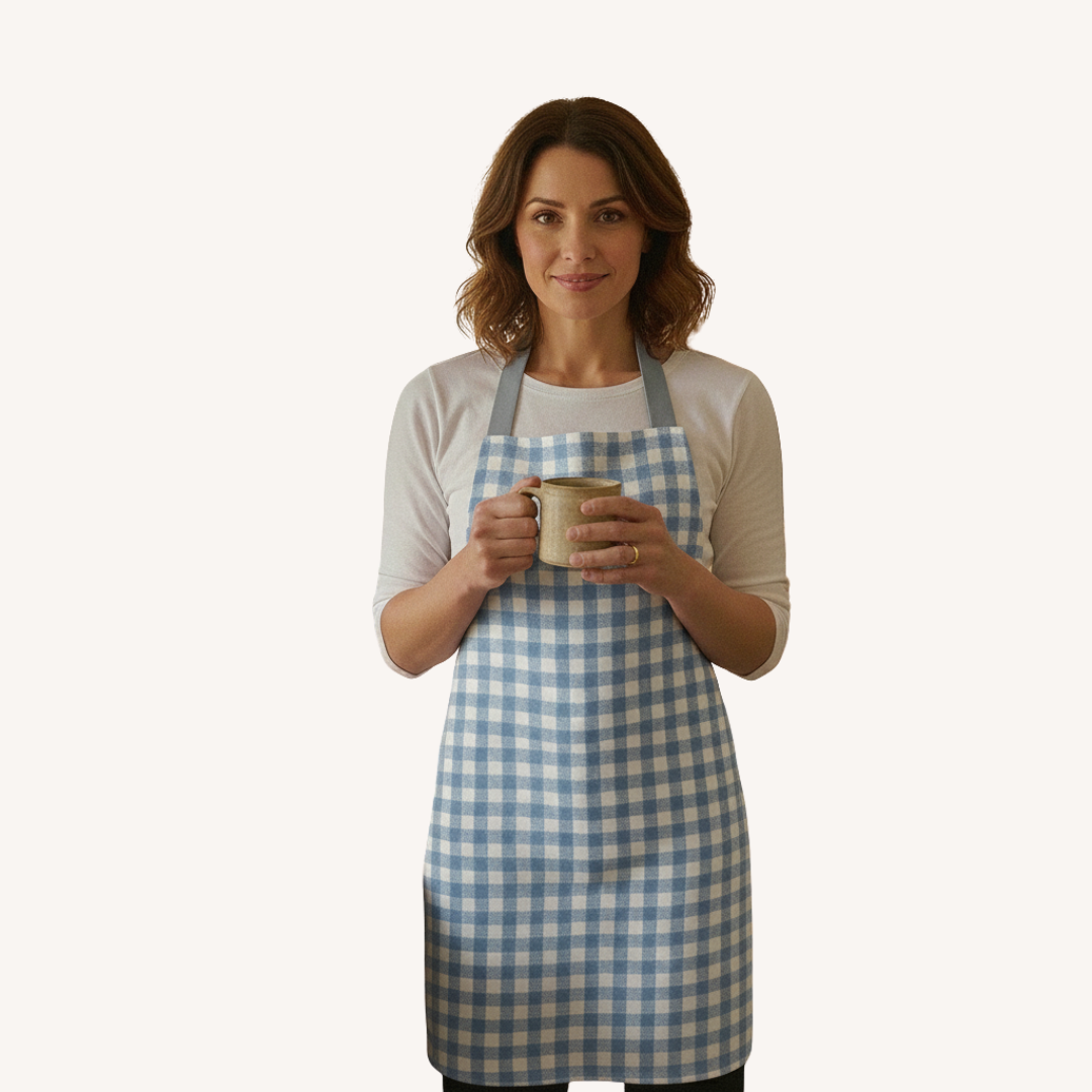 Denim Blue Traditional Gingham Matte Finish Oilcloth Wipe Clean Apron