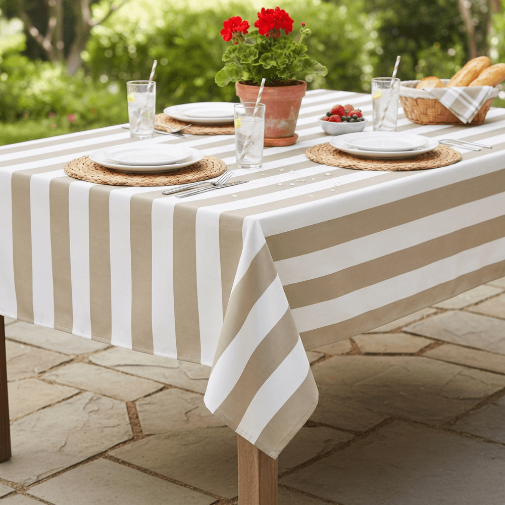 Beige and White Stripe Outdoor/Indoor Water Repellent Tablecloth 144cm Wide