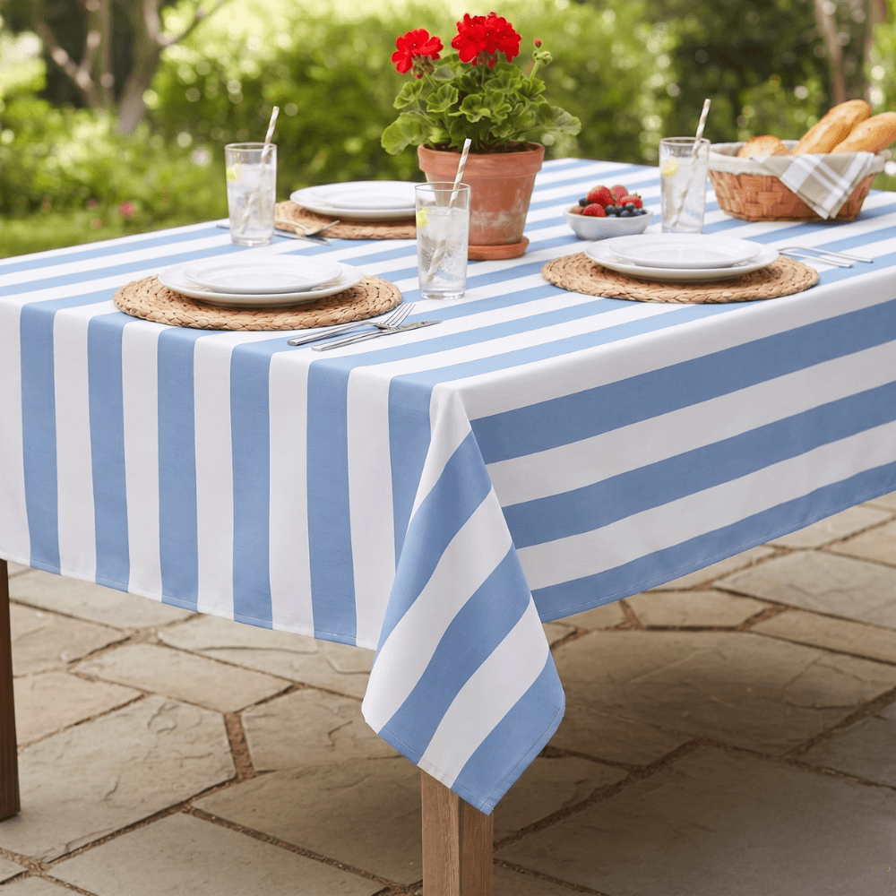 Light Blue and White Stripe Outdoor/Indoor Water Repellent Tablecloth 144cm Wide