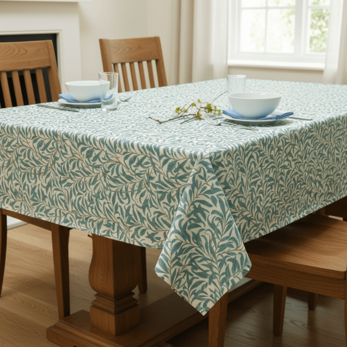 William Morris Willow Bough in Teal Oilcloth Table Setting 