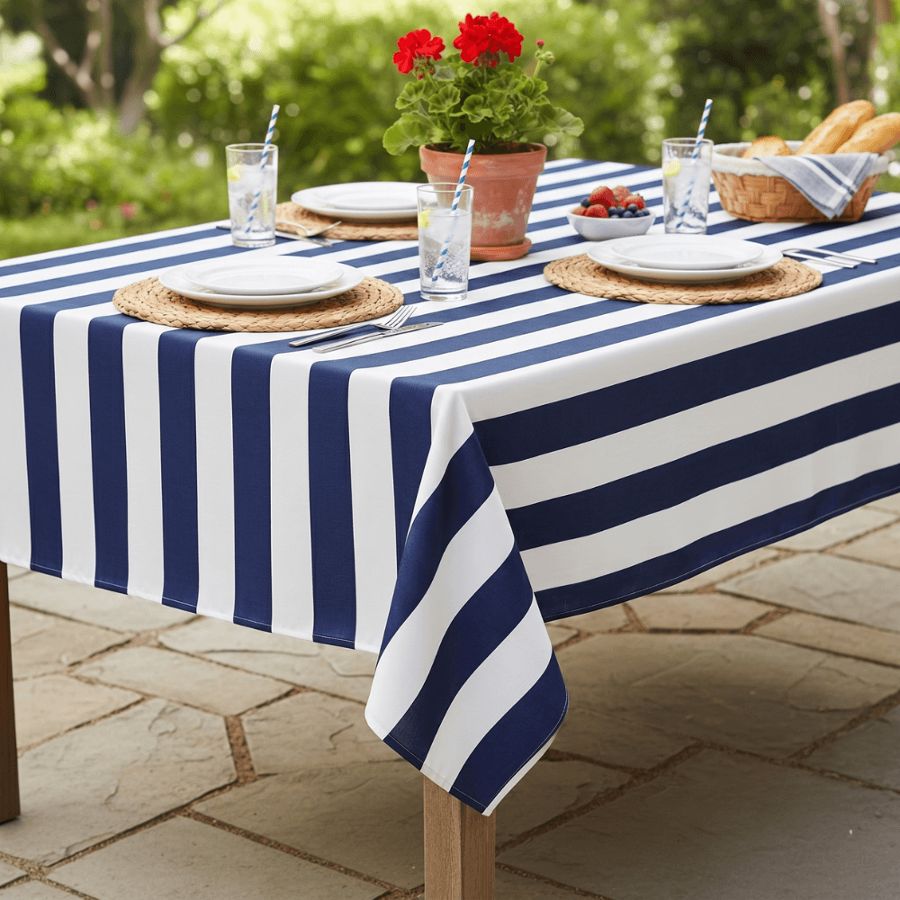 Navy Blue and White Stripe Outdoor/Indoor Water Repellent Tablecloth 144cm Wide