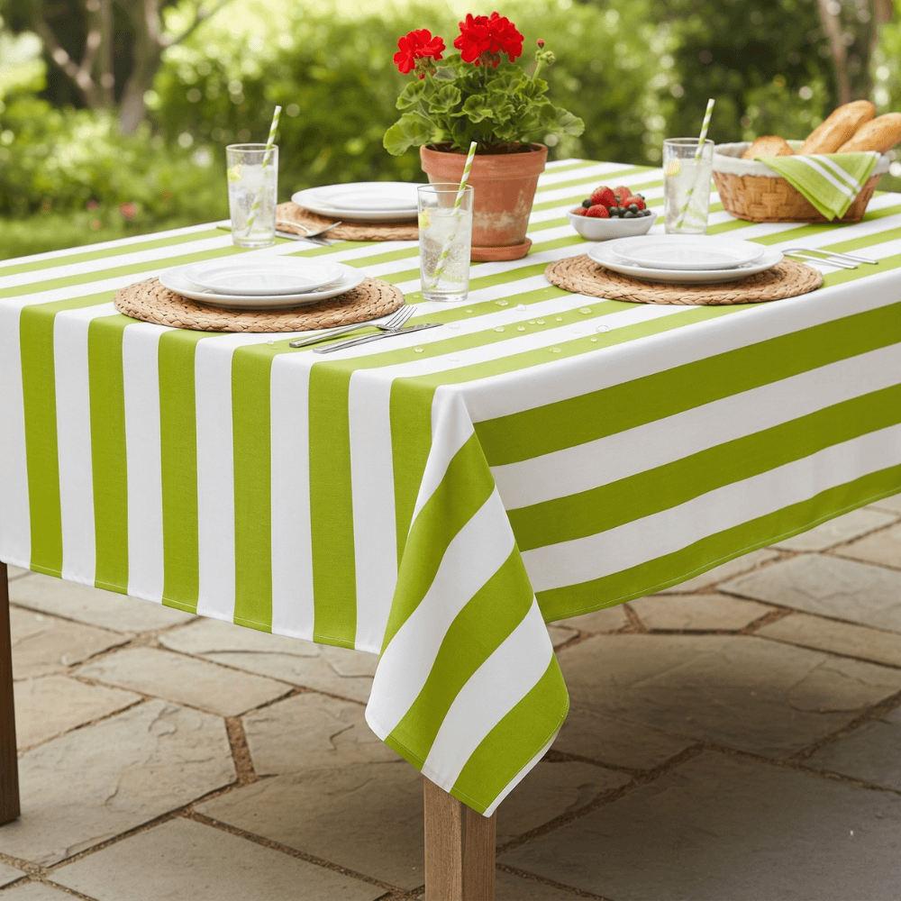 Sage Green and White Stripe Outdoor/Indoor Water Repellent Tablecloth 144cm Wide