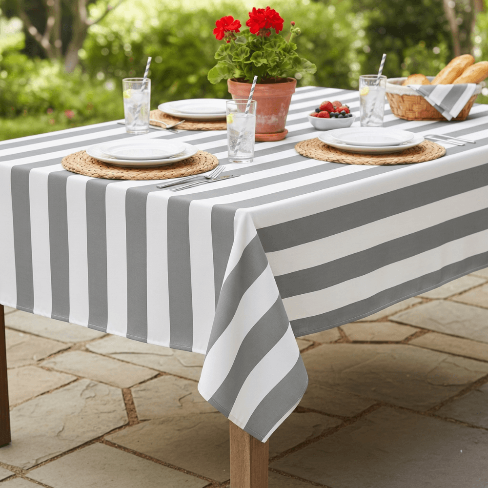 Silver and White Stripe Outdoor/Indoor Water Repellent Tablecloth 144cm Wide
