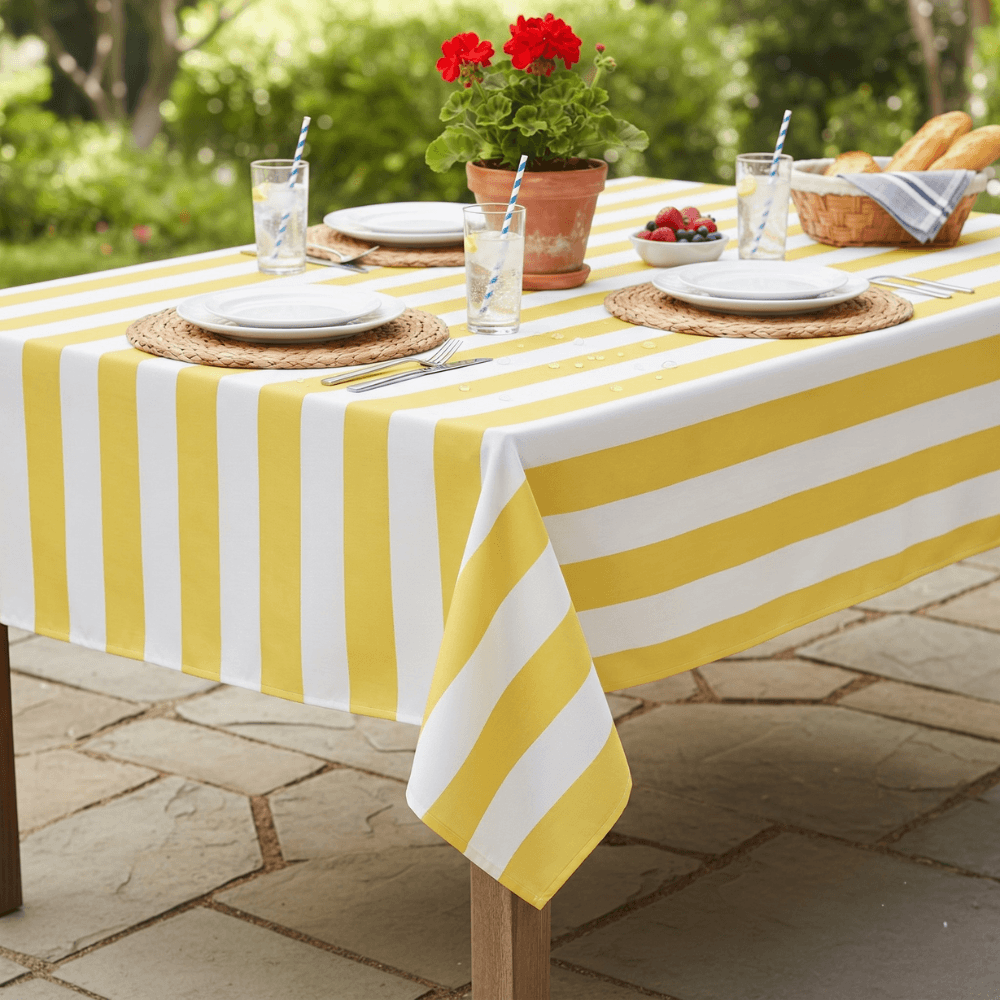 Yellow and White Stripe Outdoor/Indoor Water Repellent Tablecloth 144cm Wide