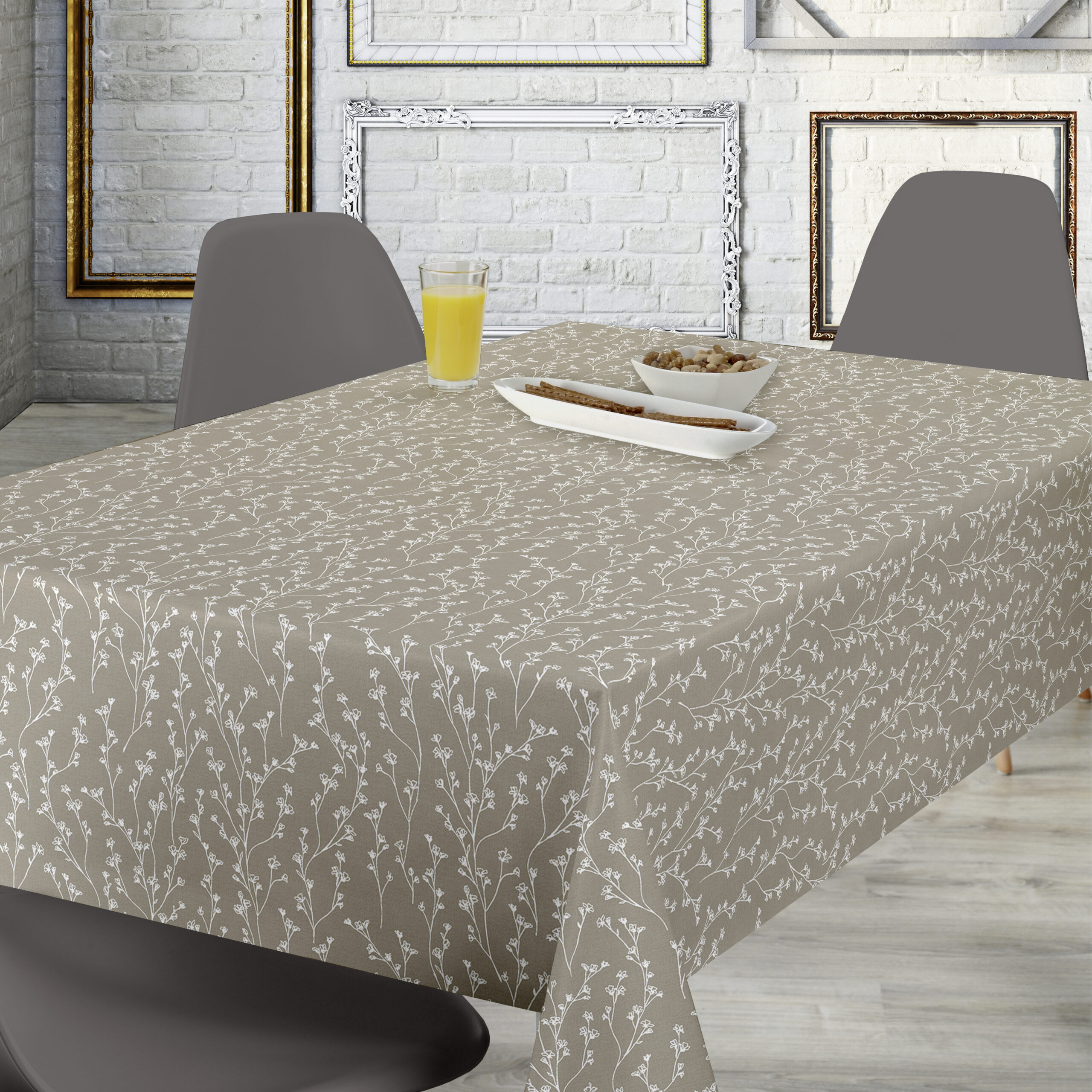 Taupe and White Whimsical wildflowers Wipe Clean PVC Vinyl Tablecloth