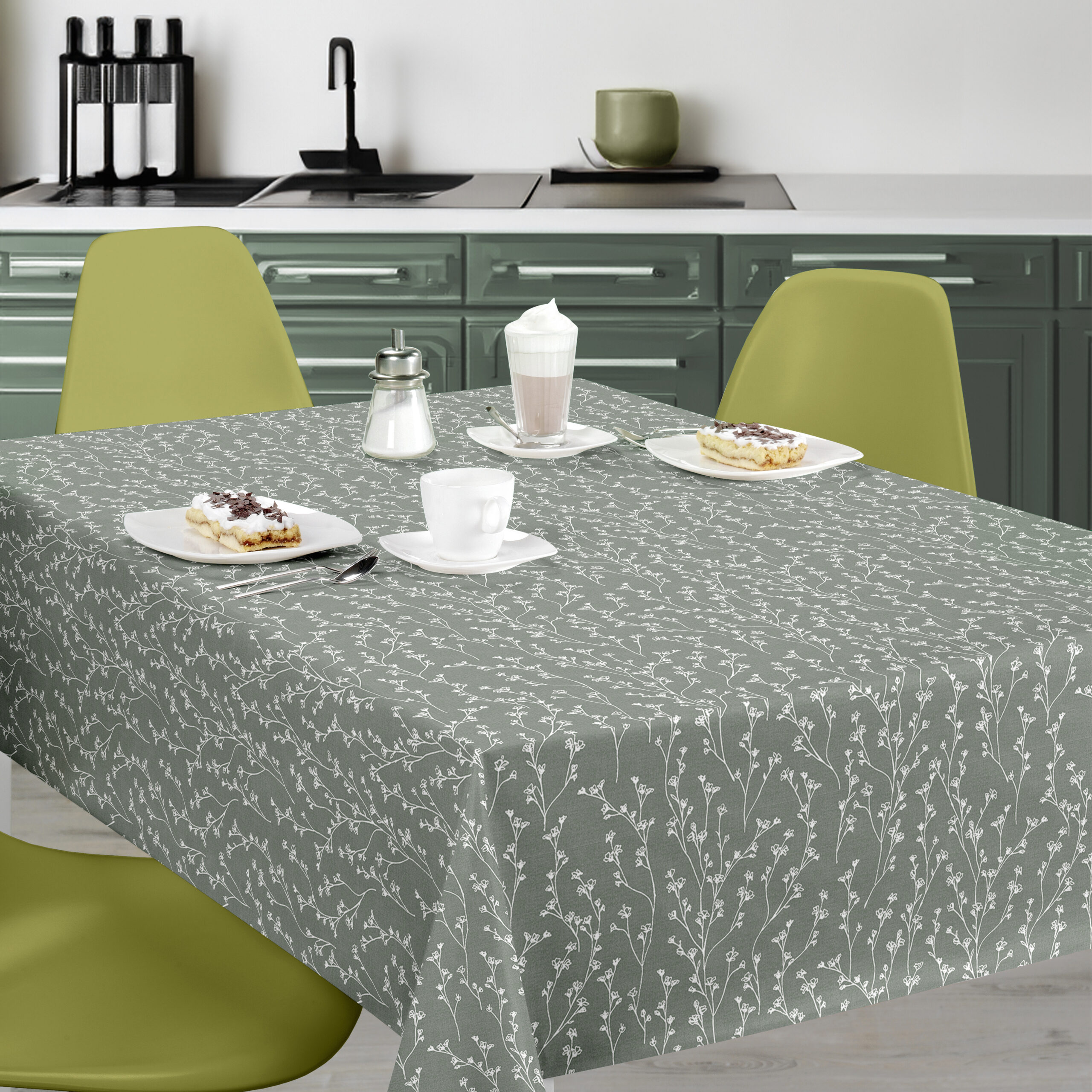 Dark Green and White Whimsical wildflowers Wipe Clean PVC Vinyl Tablecloth
