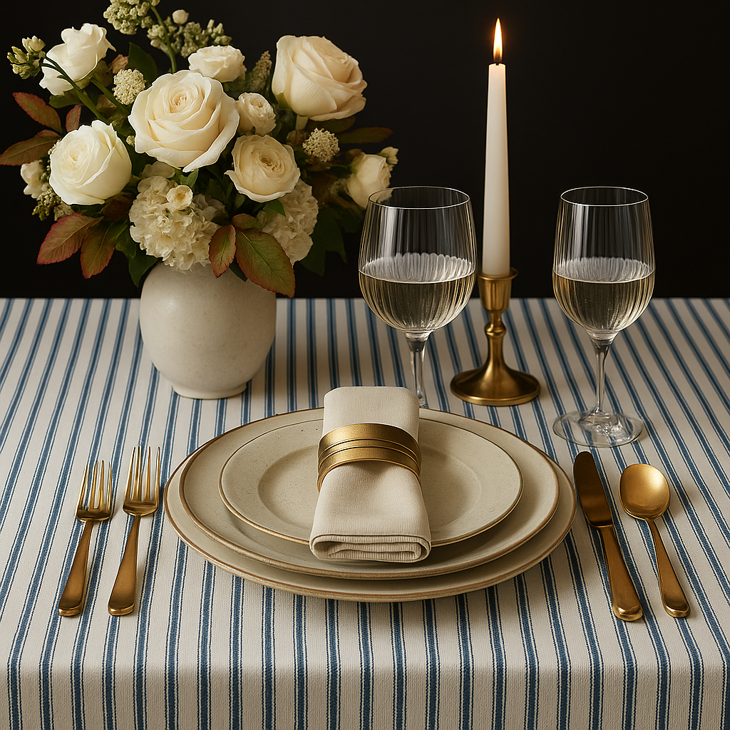 Blue Ticking Stripe Fabric tablecloth