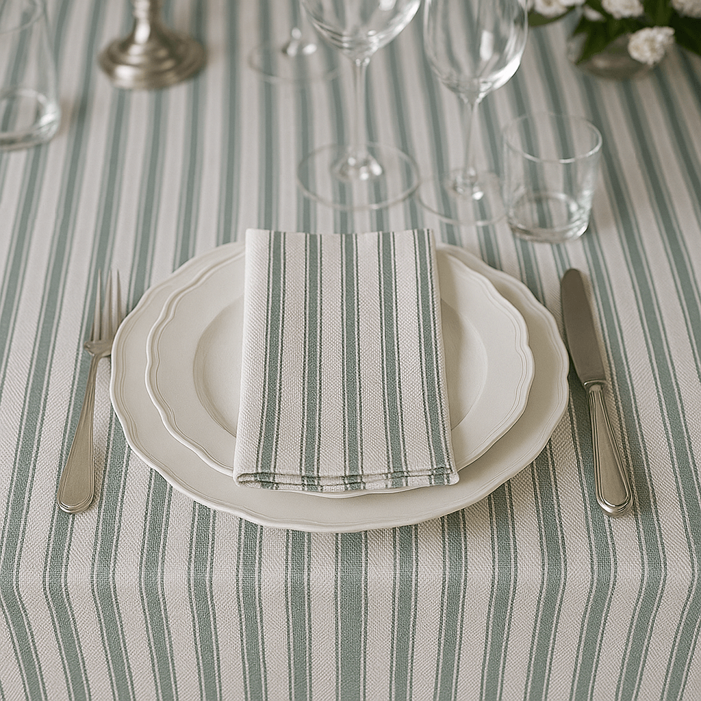 Duck Egg Ticking Stripe Fabric Tablecloth