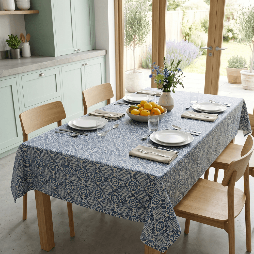 China Blue Mykonos Mosaic Floral Matte Wipe Clean Oilcloth Tablecloth