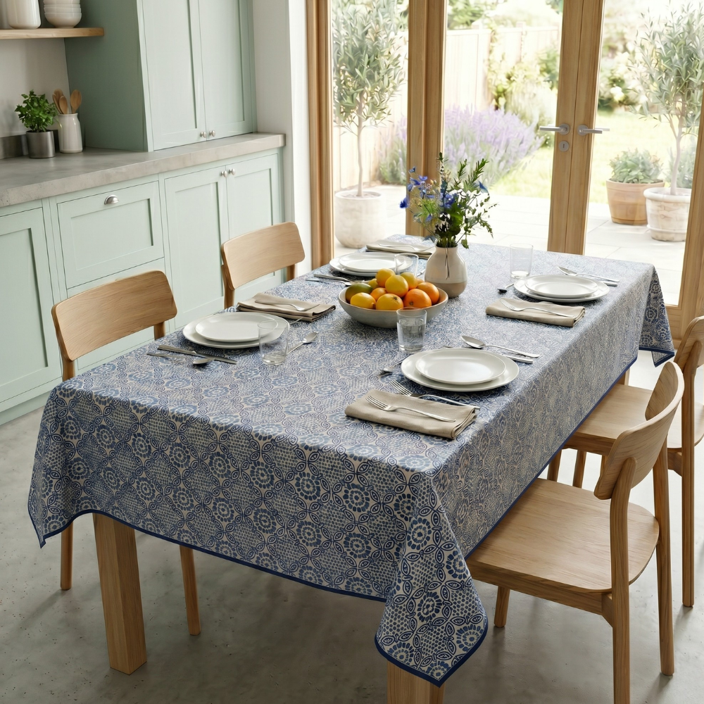 China Blue Mykonos Mosaic Floral Matte Wipe Clean Oilcloth WITH BIAS-BINDING HEMMED EDGING Tablecloth