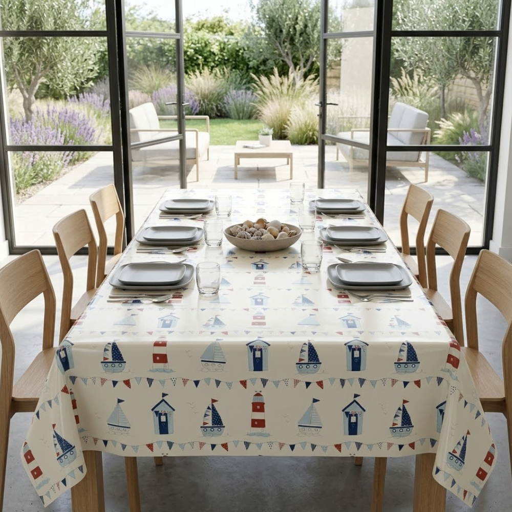 Beach Houses and Lighthouses Oilcloth Wipe Clean Tablecloth