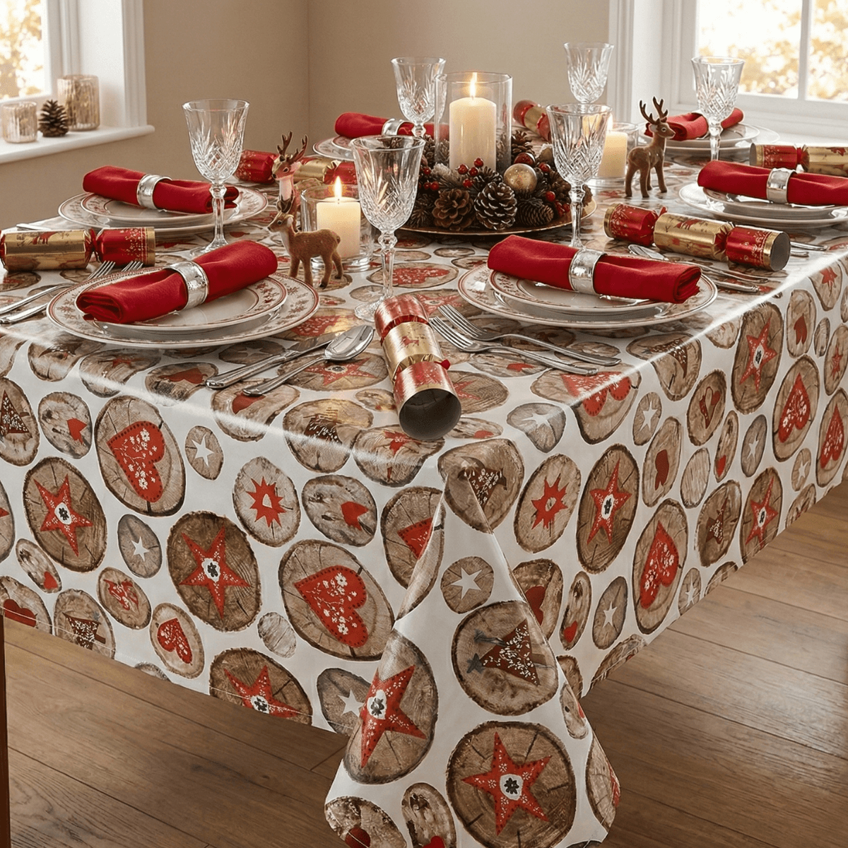 Nordic Christmas Hearts and Trees PVC Vinyl Tablecloth