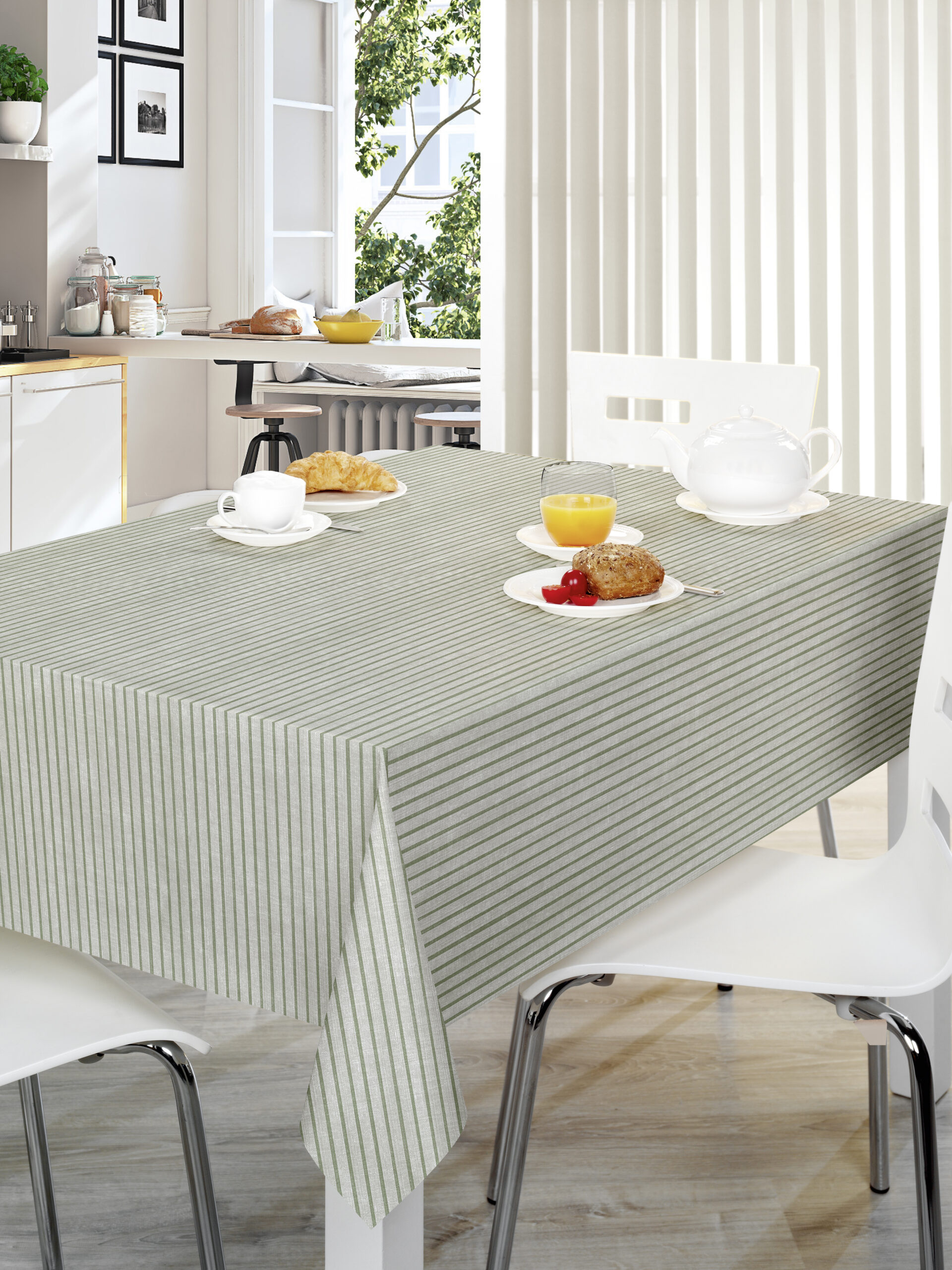 Green and Linen Stripe Wipe Clean PVC Vinyl Tablecloth