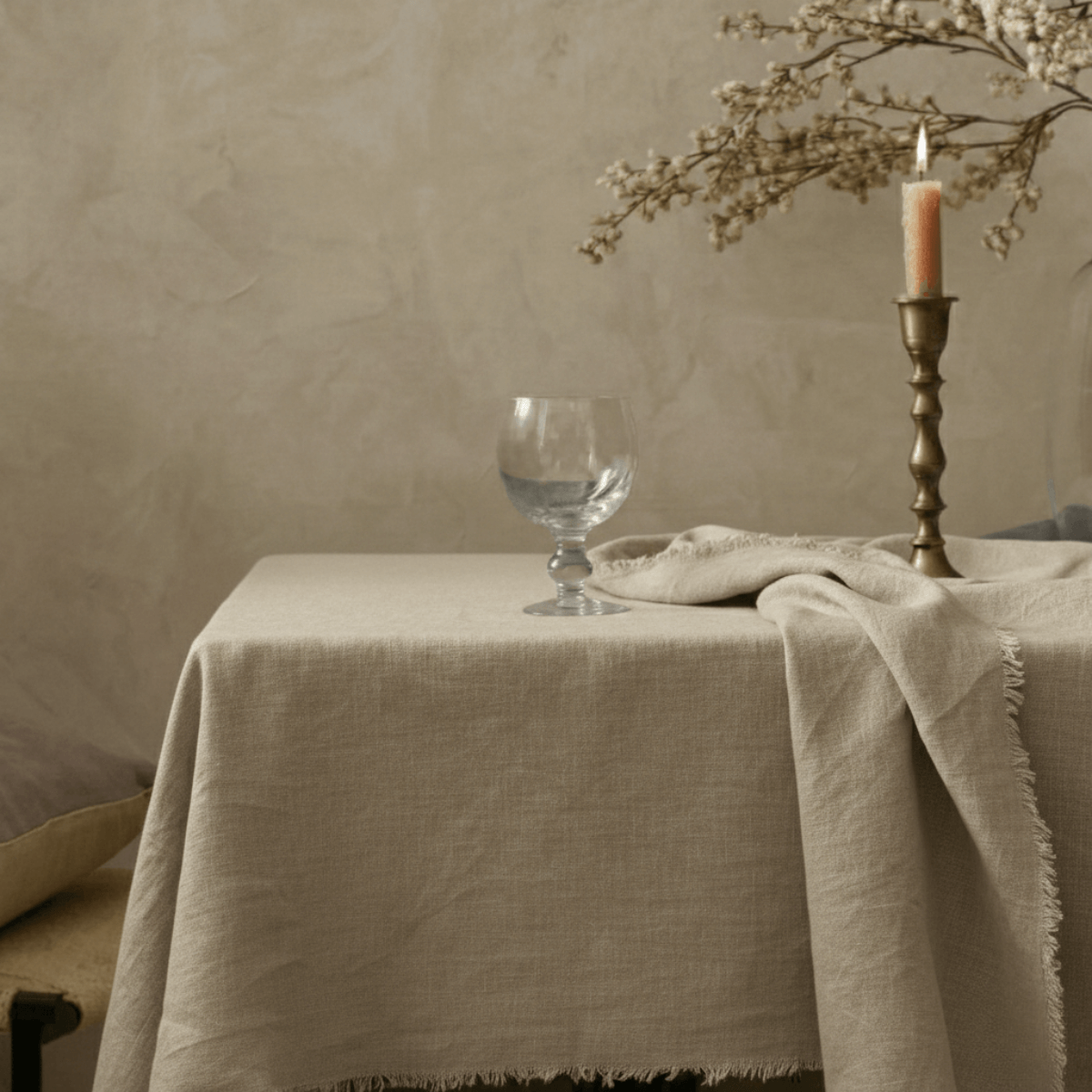 100% Linen Plain Cream Off White Fabric Tablecloth