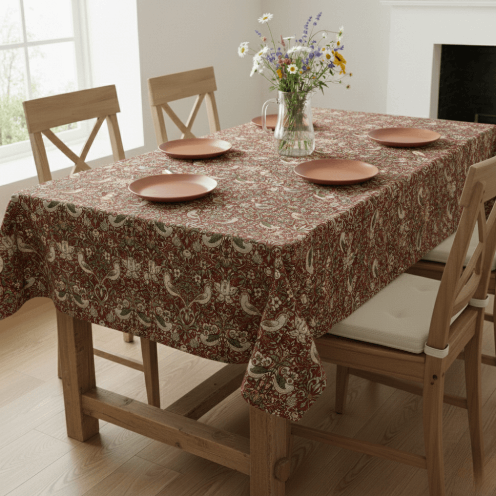 William Morris Strawberry Thief Crimson Outdoor/Indoor Water Repellent Tablecloth 144cm Wide