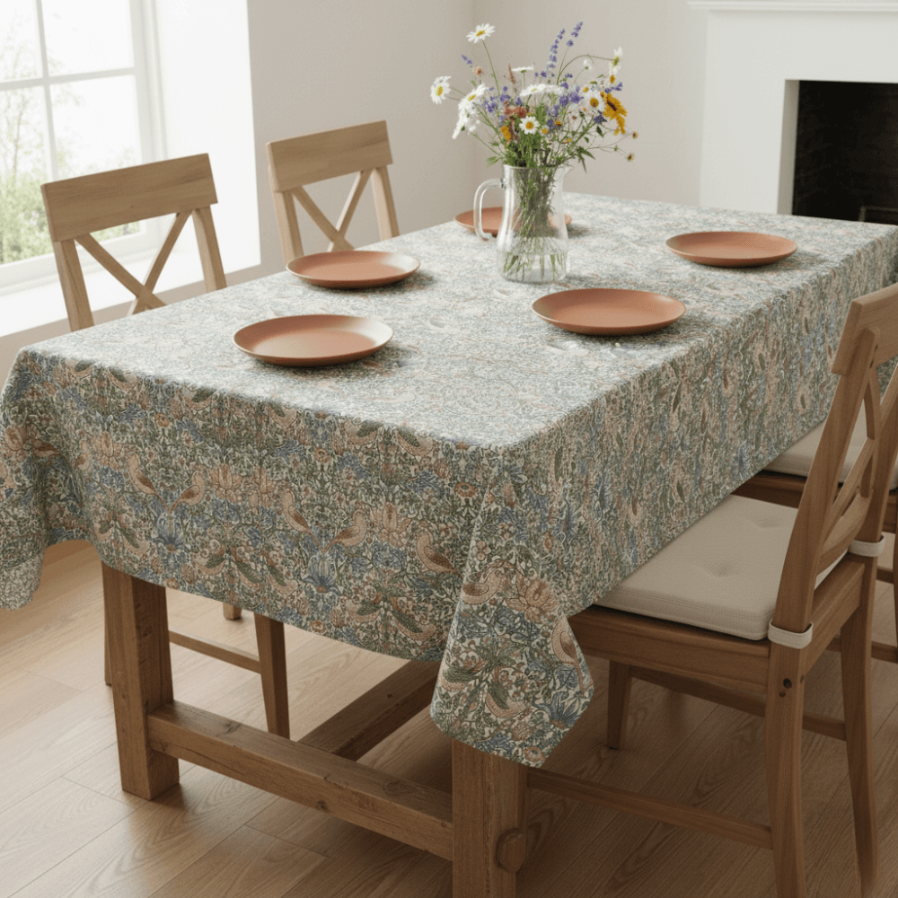 William Morris Strawberry Thief Blanc Outdoor/Indoor Water Repellent Tablecloth 144cm Wide