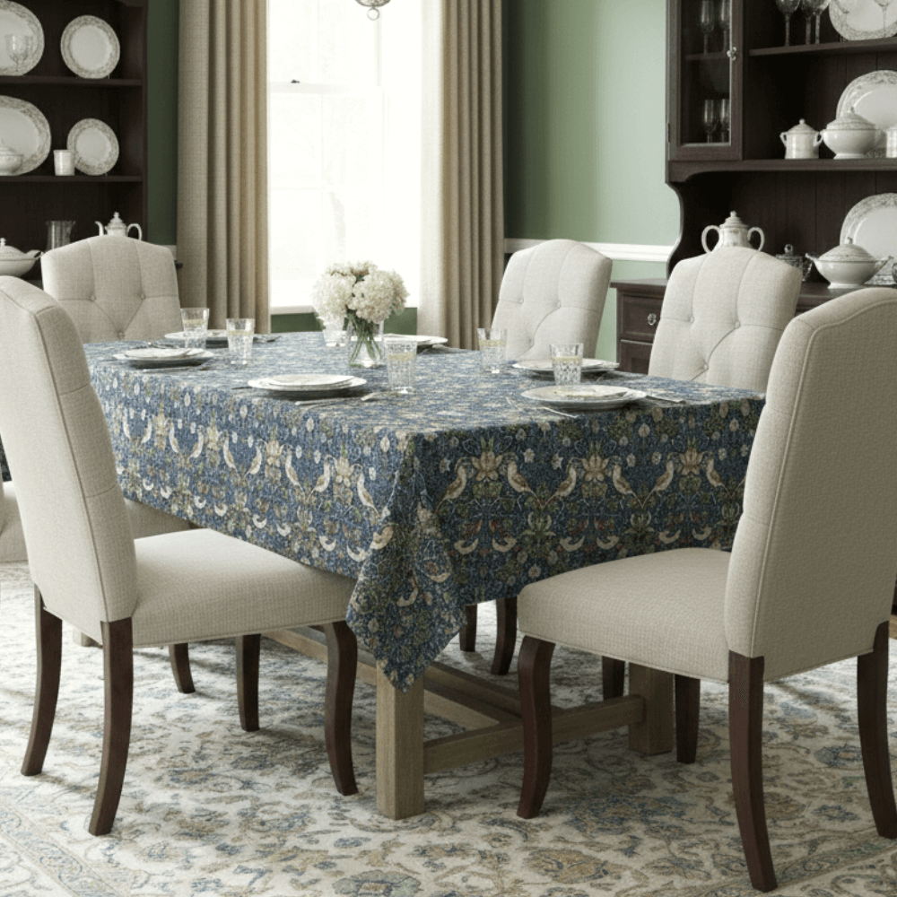 William Morris Strawberry Thief Navy Blue Outdoor/Indoor Water Repellent Tablecloth 144cm Wide