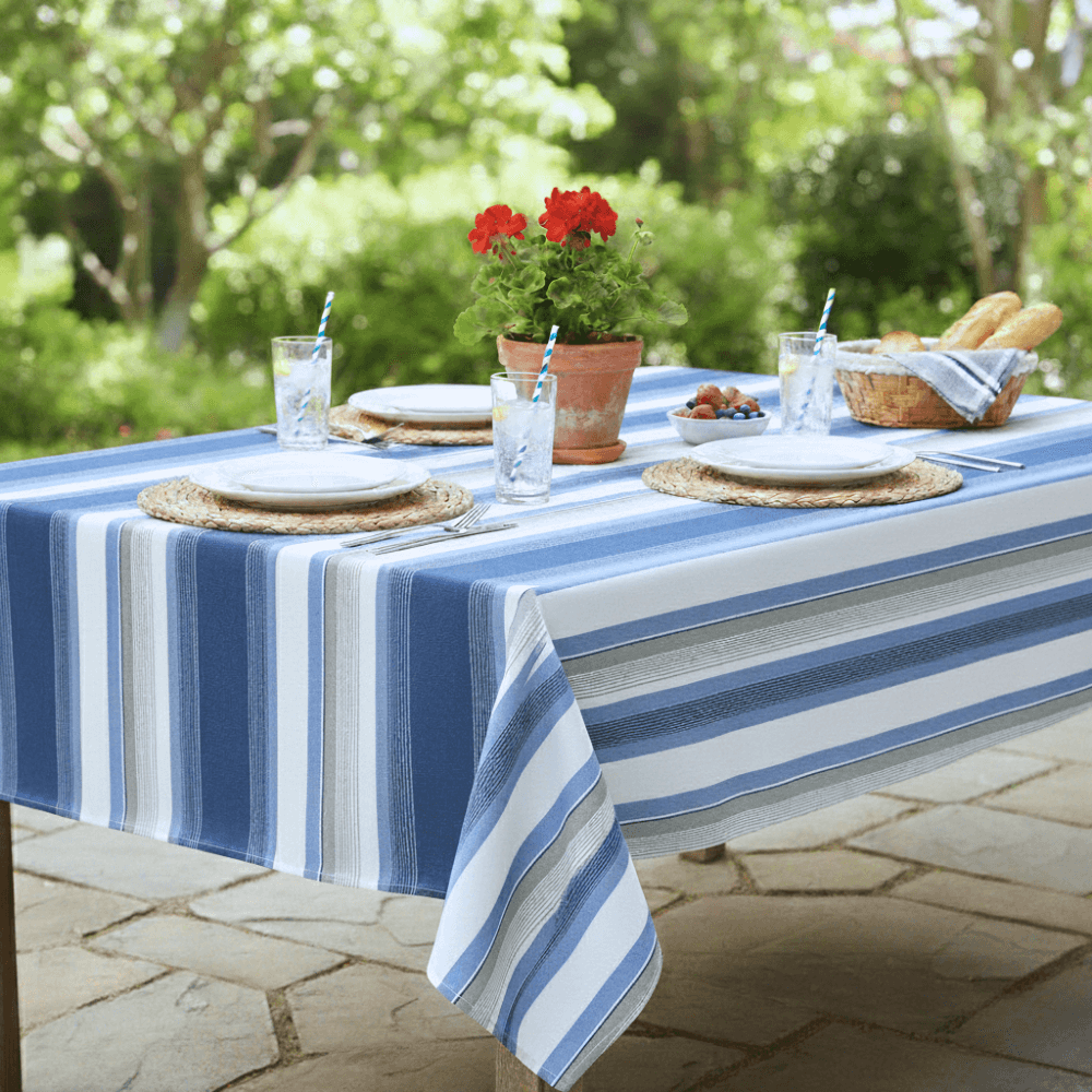 Woolacombe Sky Blue and White Stripe Outdoor/Indoor Water Repellent Tablecloth 144cm Wide