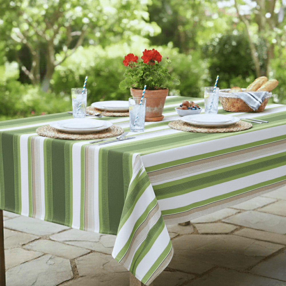 Woolacombe Olive Green and White Stripe Outdoor/Indoor Water Repellent Tablecloth 144cm Wide