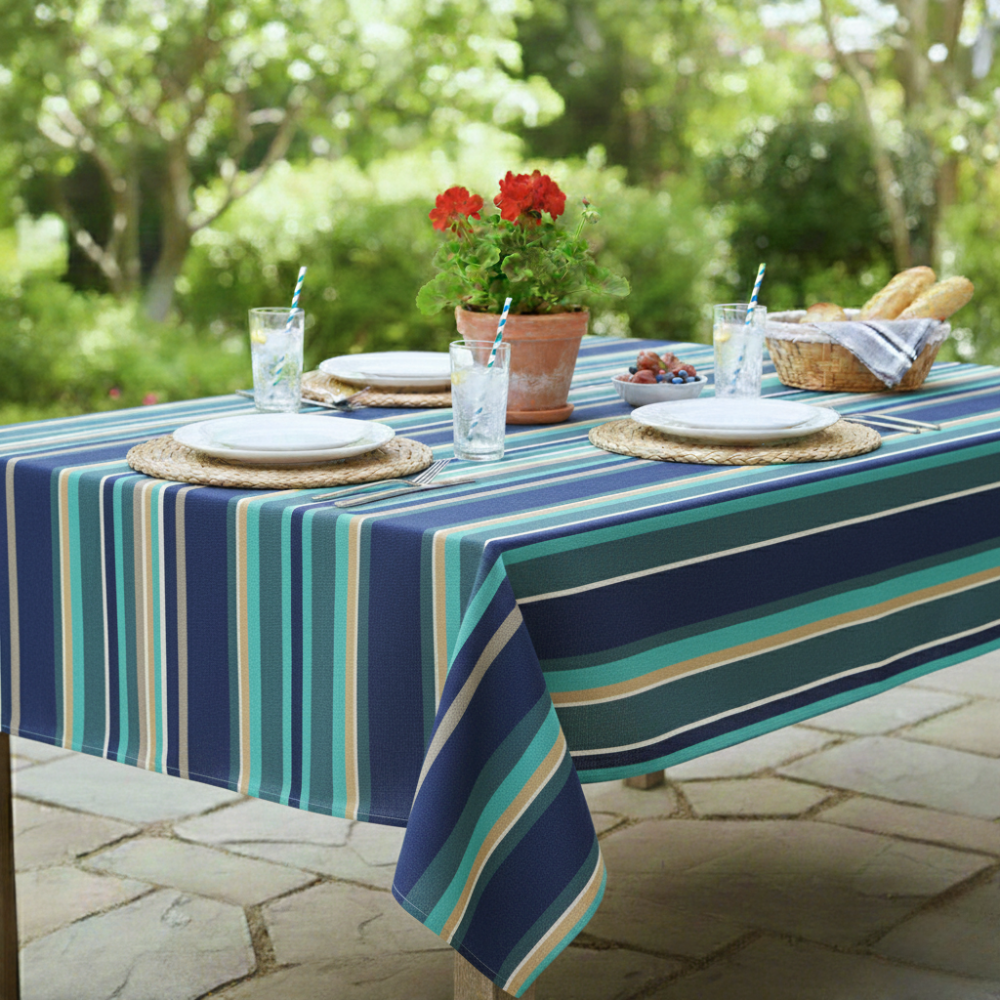 Whitley Bay Blue Stripes Outdoor/Indoor Water Repellent Tablecloth 144cm Wide