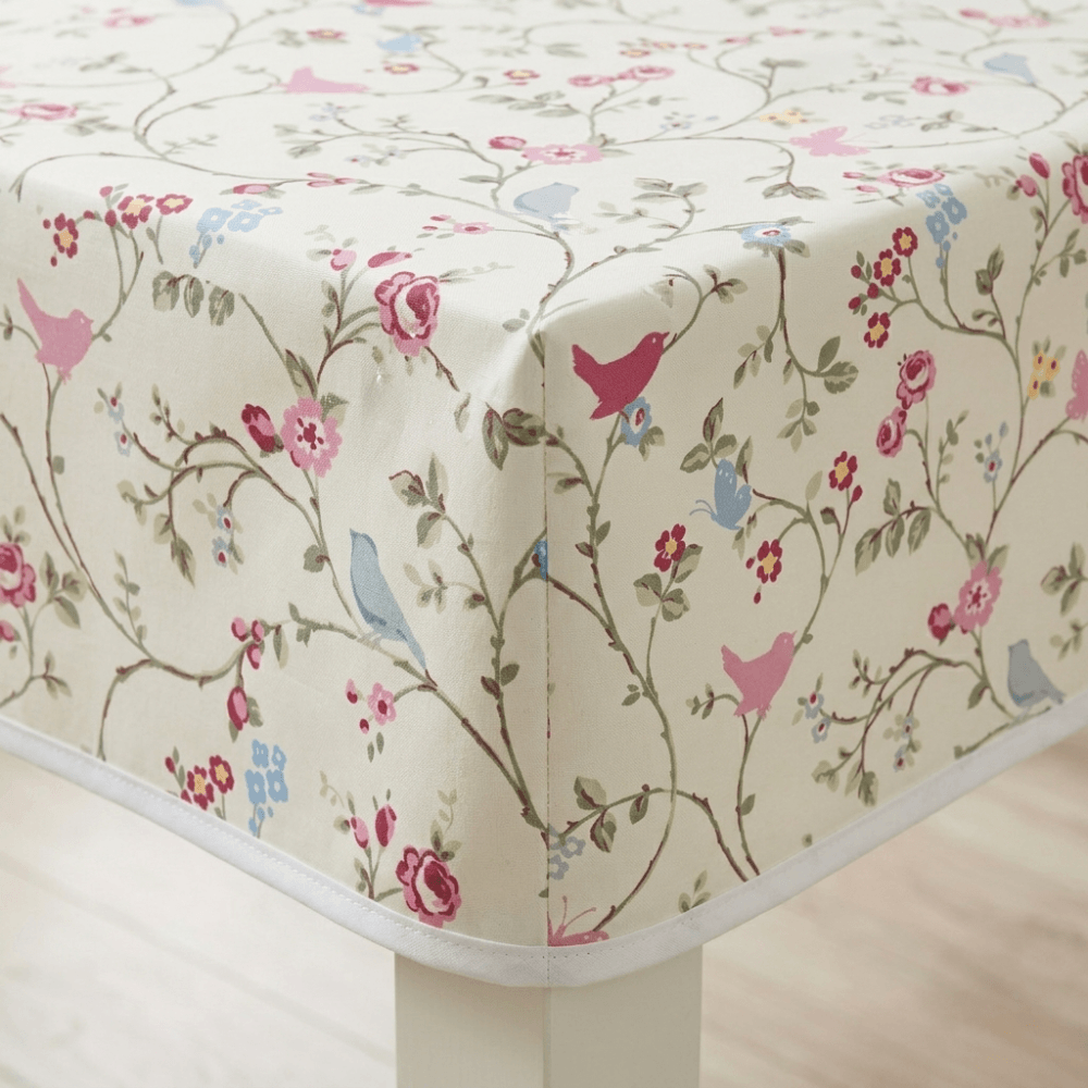Grey Pink Duck Egg birds Floral Oilcloth with Boxed Corners