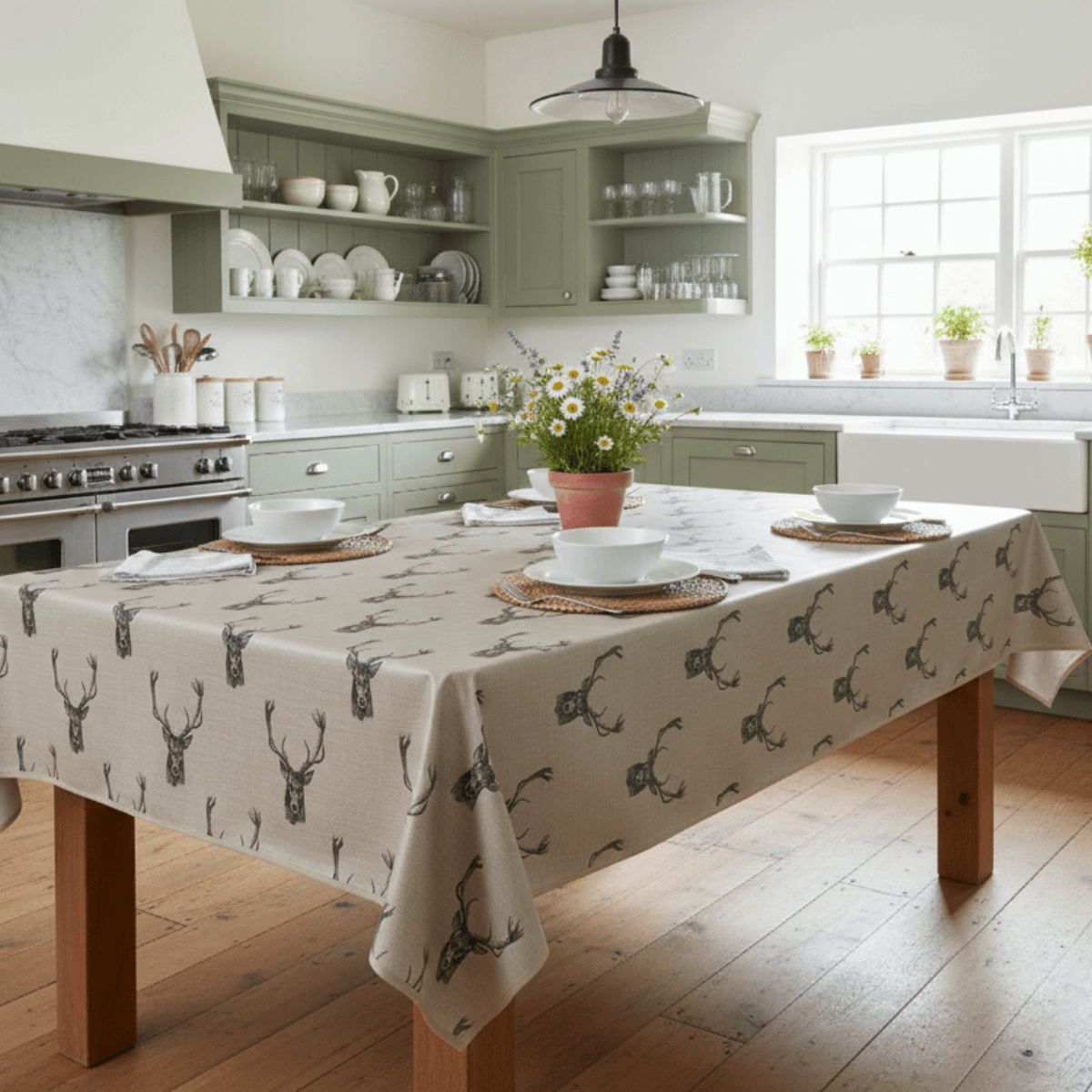 Natural / Beige Stag Heads Oilcloth WITH BIAS-BINDING HEMMED EDGING Wipe Clean Tablecloth