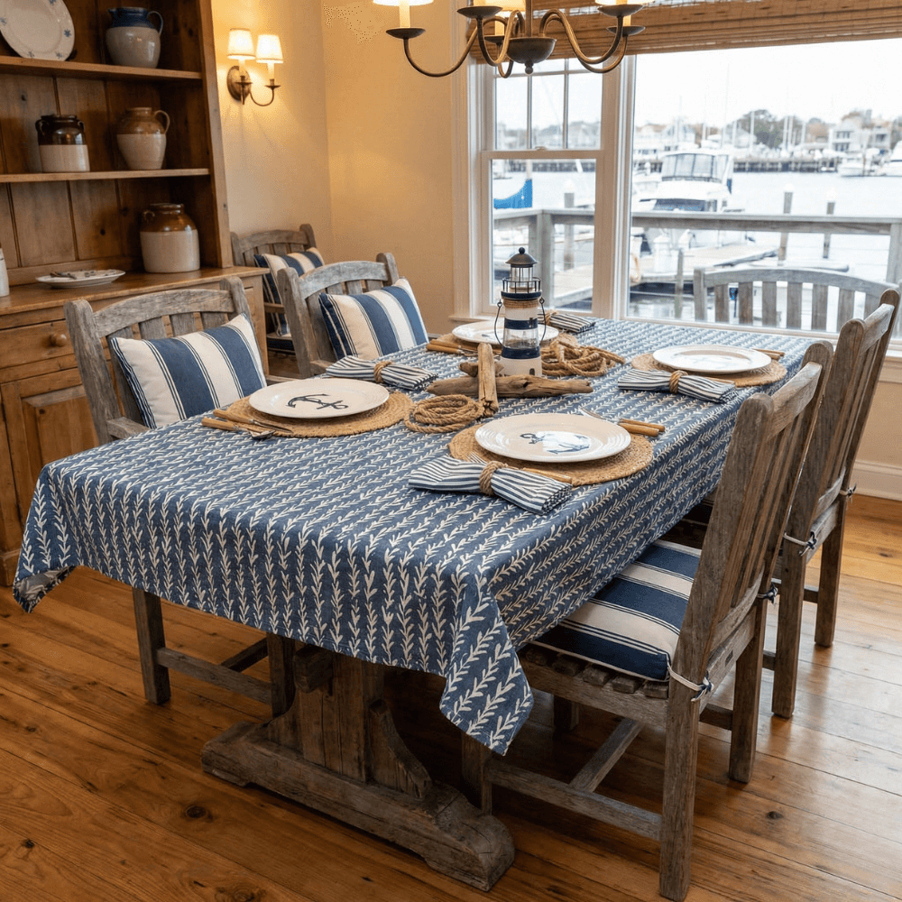 Nautical Deep Blue & White Coral Floral Matte Finish Oilcloth Table Scene