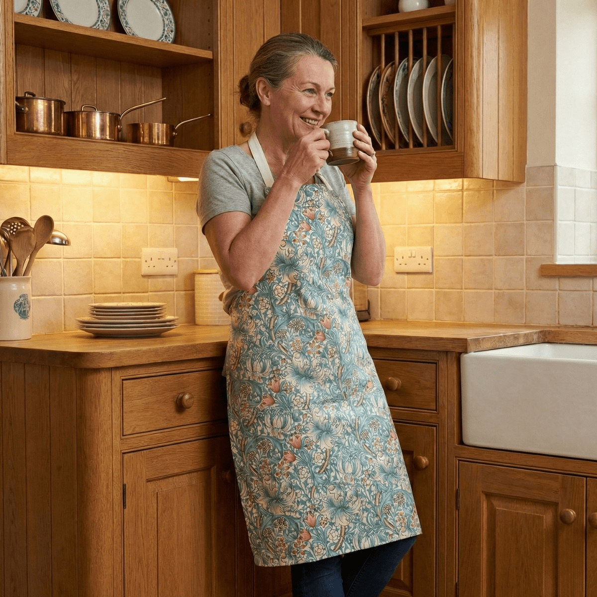 William Morris Wipe Clean Apron worn by lady in kitchen
