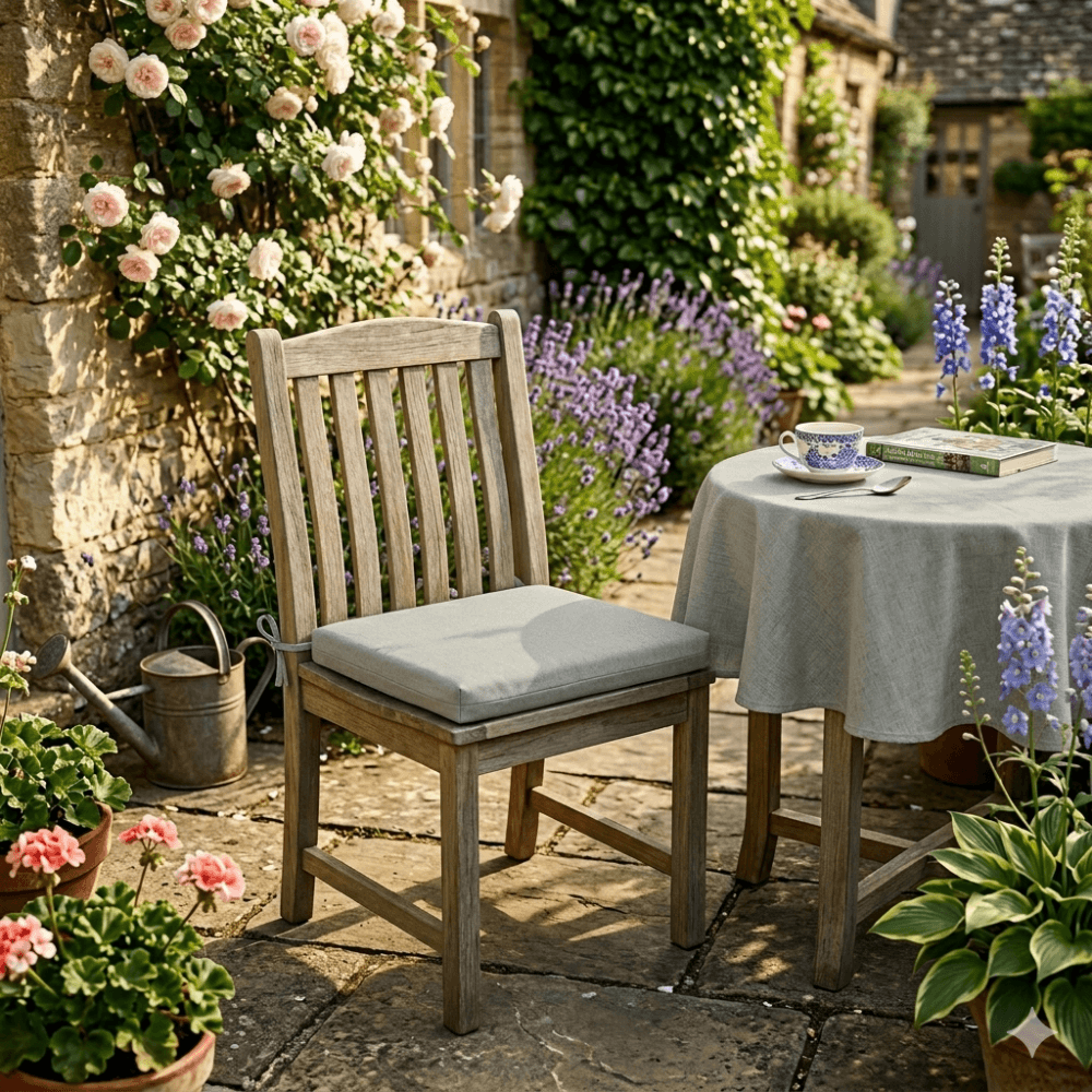 Plain Grey outdoor seat pad in a garden