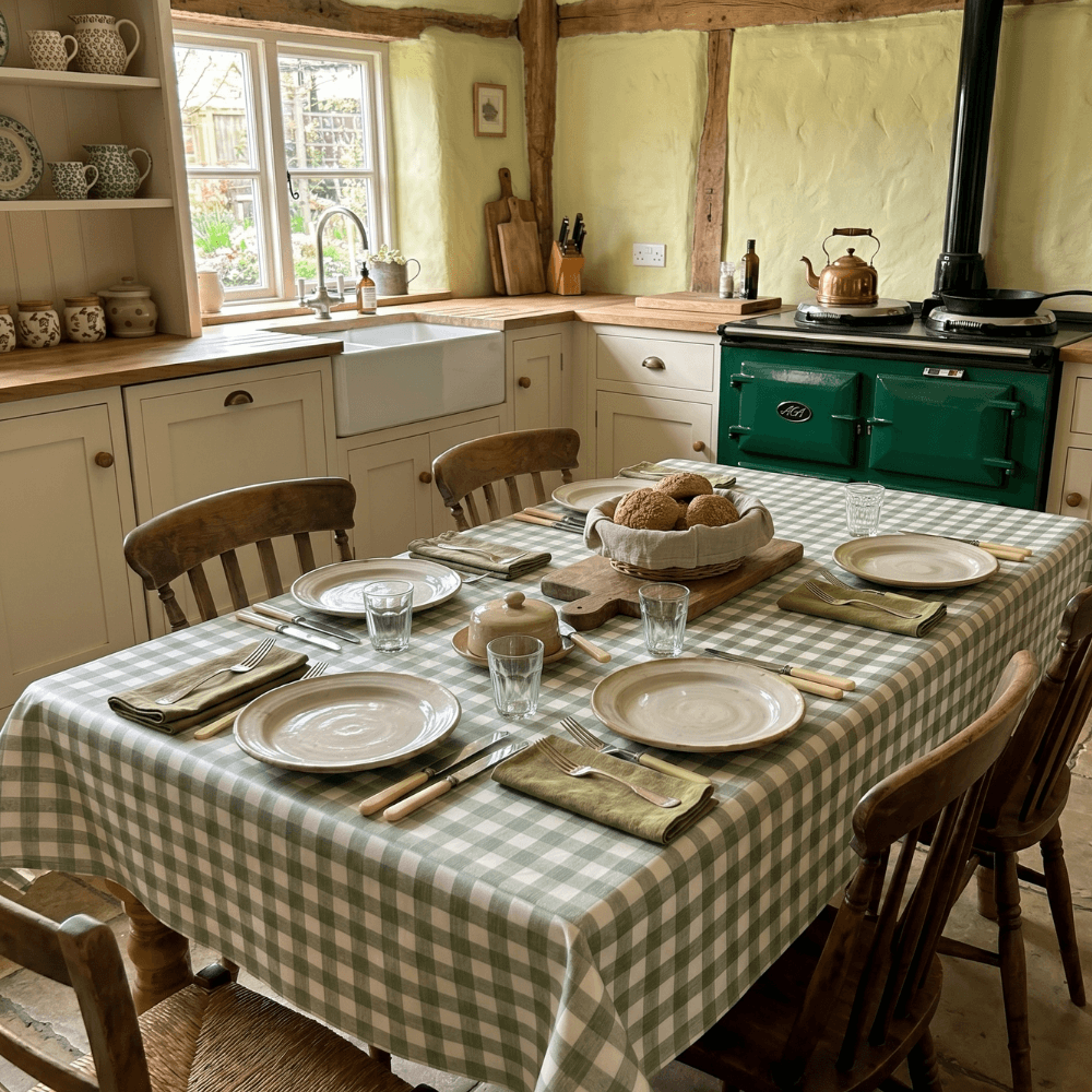 Olive Green Traditional Gingham Matte Finish Oilcloth Wipe Clean Tablecloth 