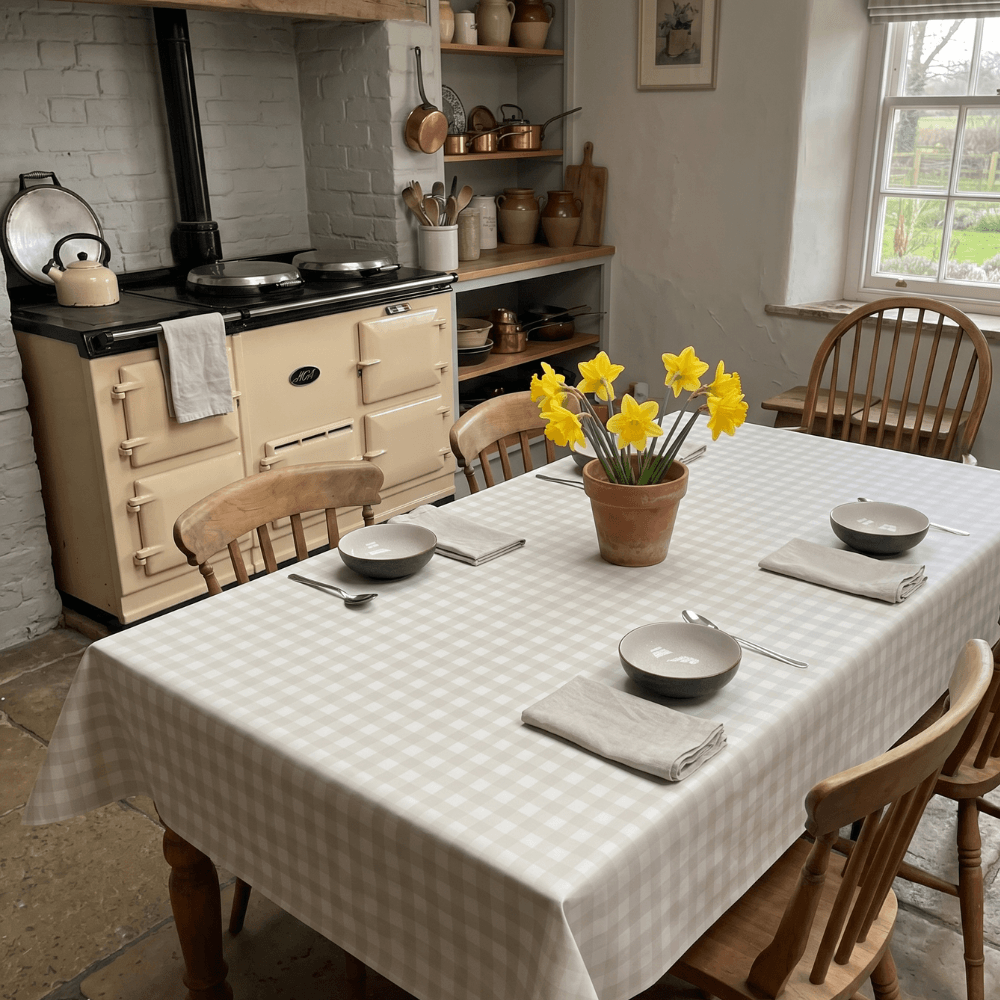 Stone Grey Gingham Matte Finish Oilcloth in a Farmhouse Kitchen