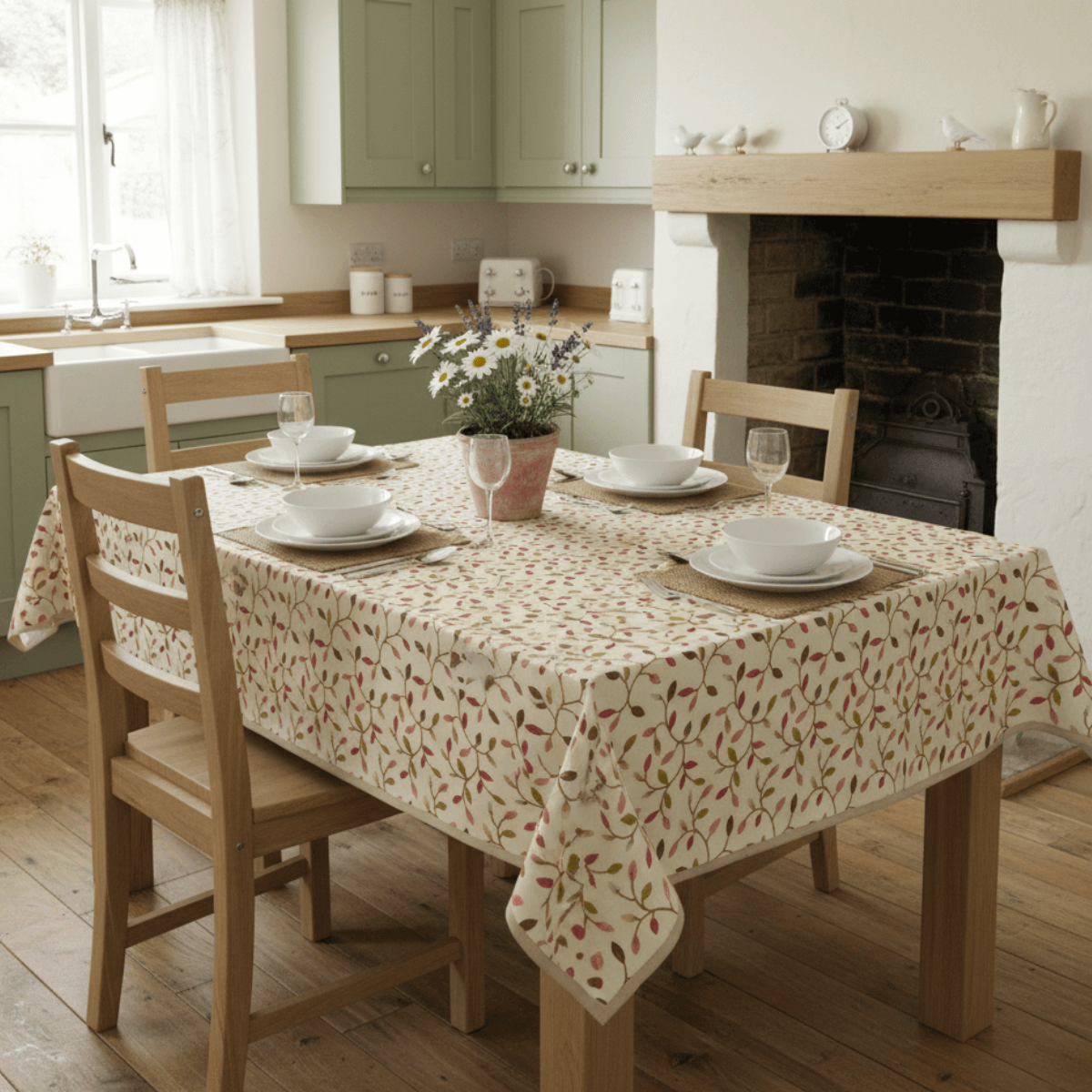 Cream Multi Stems Oilcloth Tablecloth on a dining table